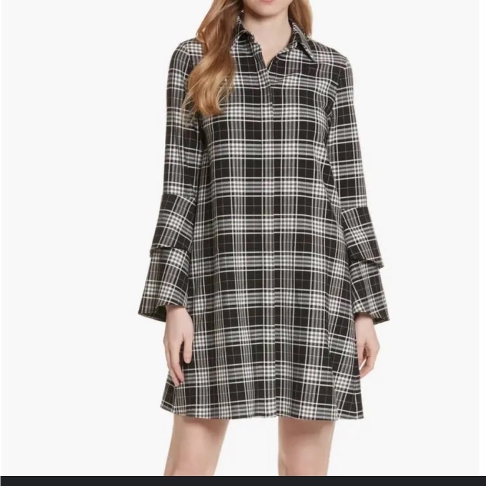 Alice and Olivia Jem Ruffle Sleeve Plaid Shirt Dress Black White Long Sleeve XS